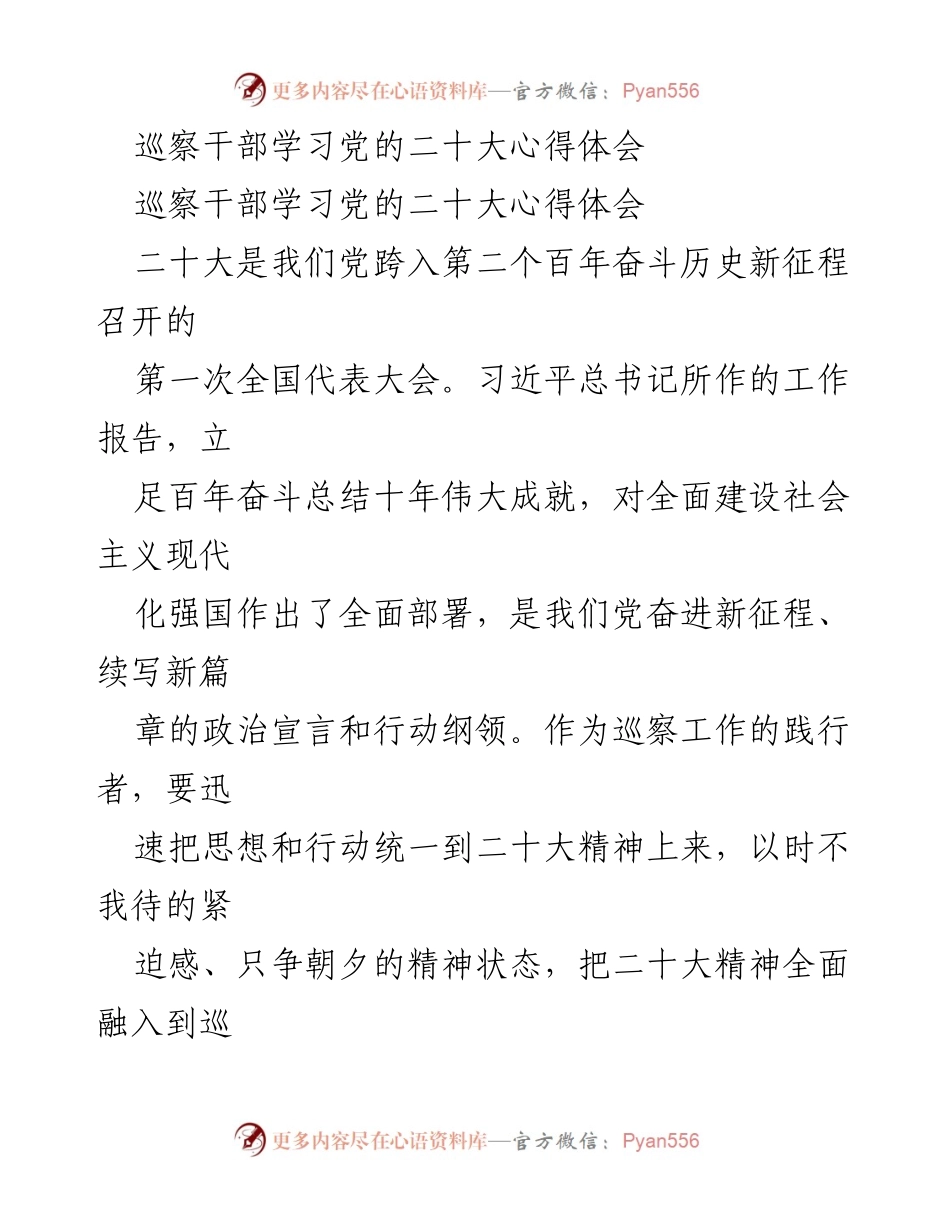 [发言] 学习交流会 - 巡察干部学习贯彻党的二十大精神的体会与实践.docx_第1页