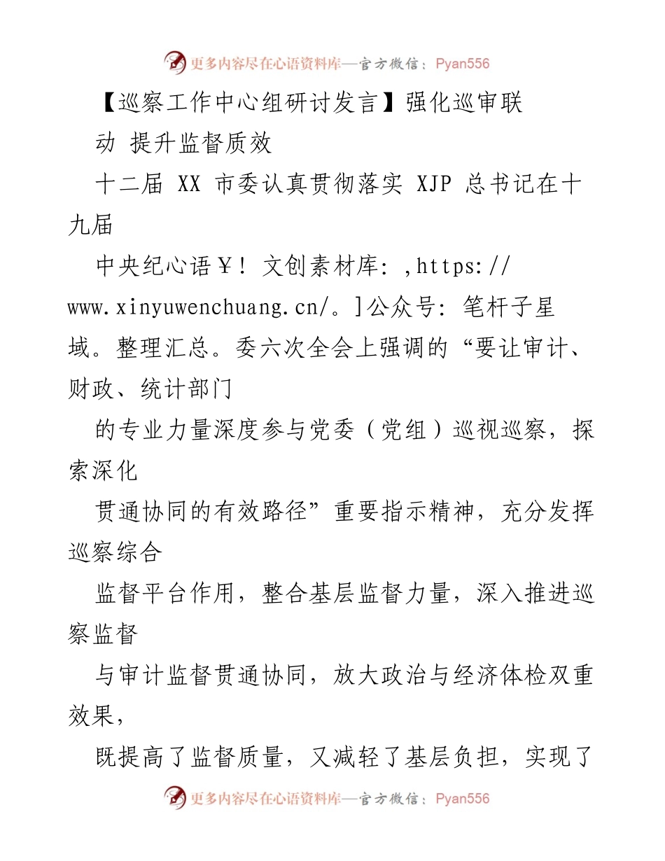 [发言] 巡察工作中心组研讨 - 强化巡审联动 提升监督质效.docx_第1页
