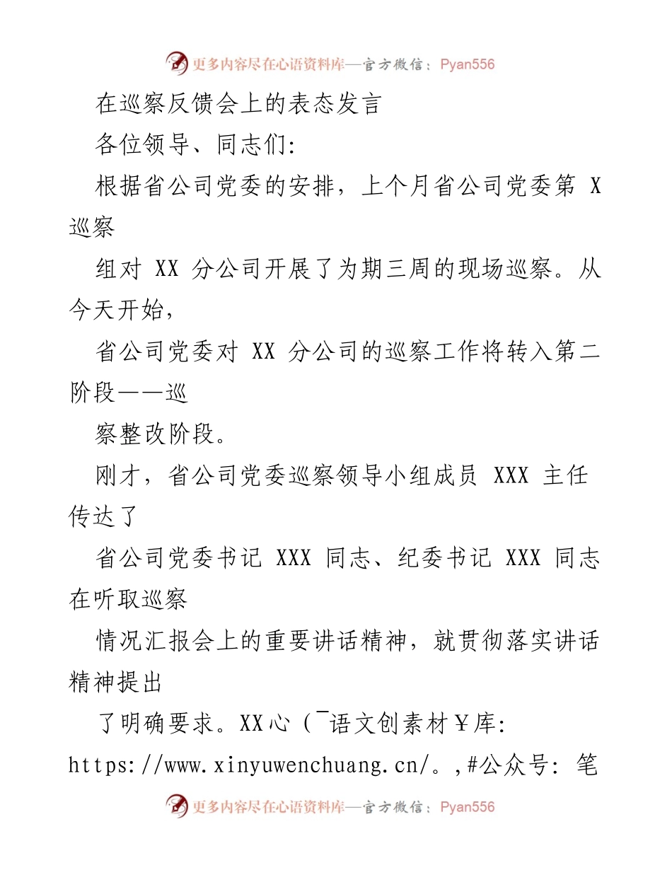 [发言] 巡察反馈会 - 巡察整改阶段的表态发言.docx_第1页