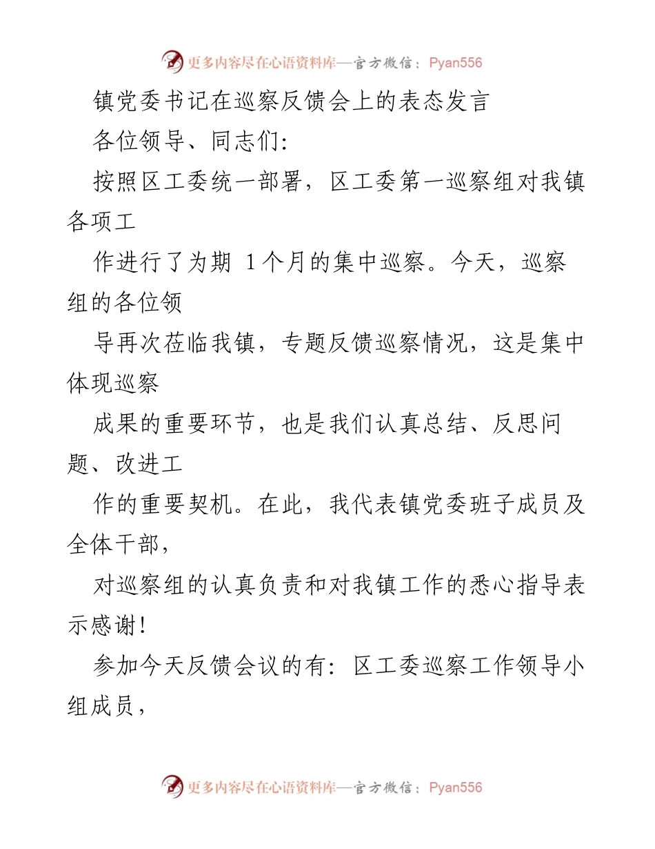 [发言] 巡察反馈会 - 镇党委书记表态发言：认真整改巡察反馈问题.docx_第1页