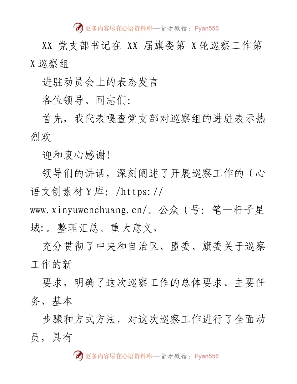 [发言] 巡察工作动员会 - 积极支持巡察工作，确保整改落实.docx_第1页