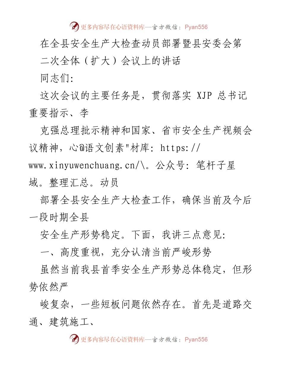 [发言] 安全生产会议 - 全县安全生产大检查的重要性与部署.docx_第1页