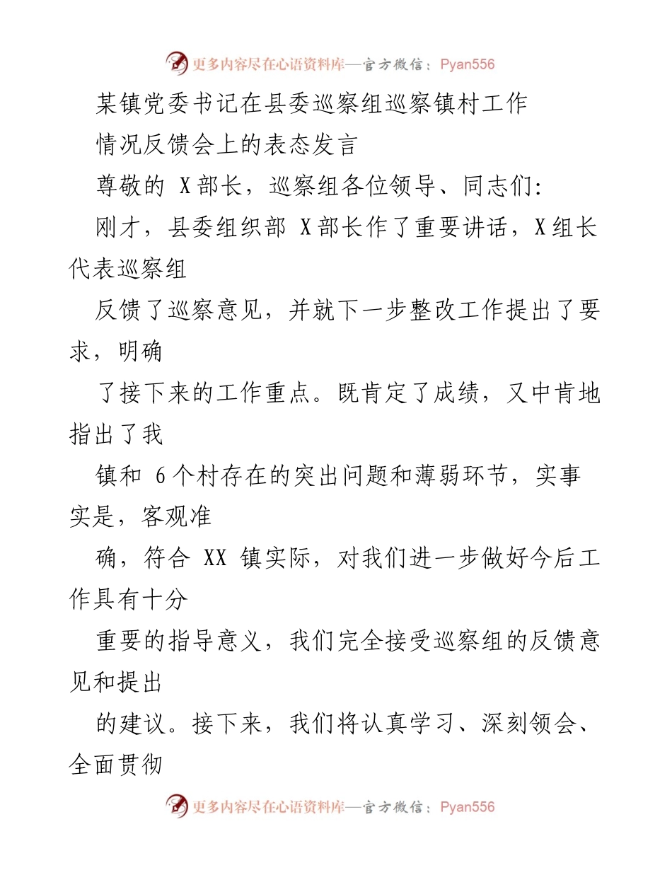 [发言] 巡察情况反馈会 - 镇党委书记表态发言：全面接受巡察反馈，扎实推进整改工作.docx_第1页