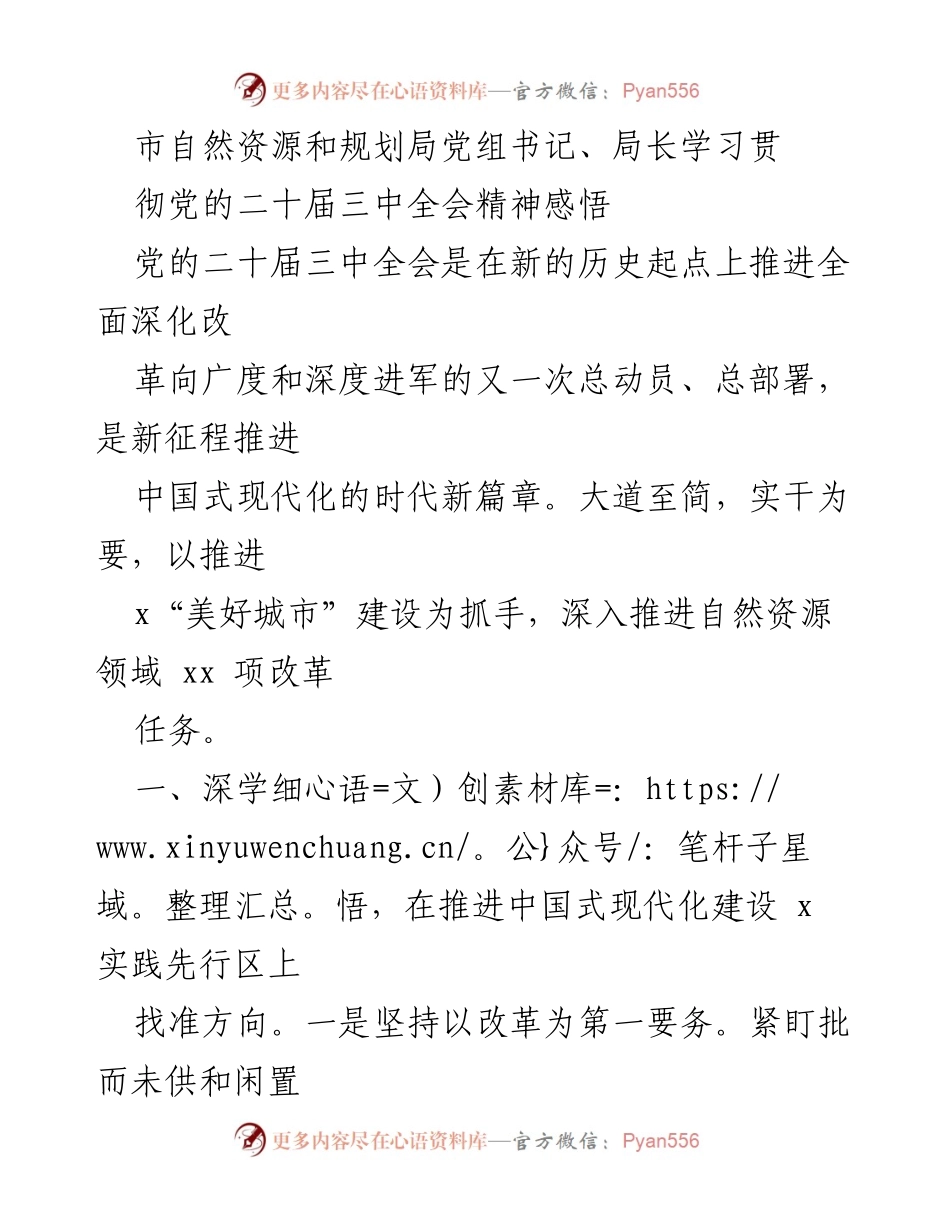[发言] 学习贯彻党的二十届三中全会精神 - 深入推进自然资源改革，推动中国式现代化新征程.docx_第1页