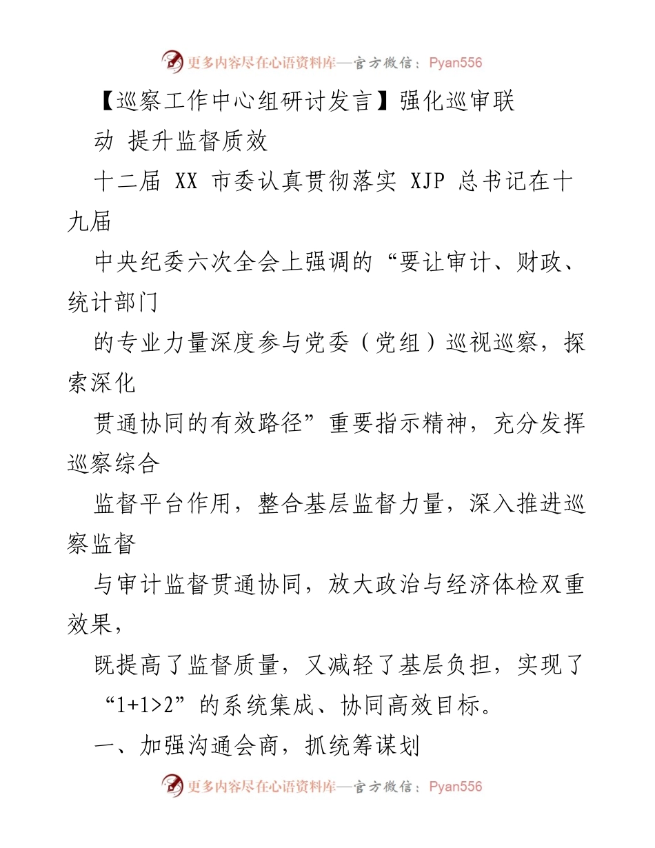 [发言] 巡察工作中心组研讨 - 强化巡审联动 提升监督质效_1.docx_第1页