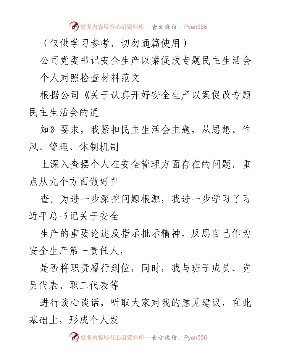 [发言] 安全生产以案促改专题民主生活会 - 党委书记个人对照检查材料汇报.docx_第1页