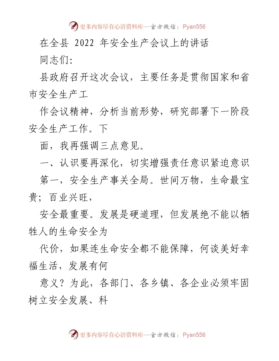 [发言] 安全生产会议 - 加强安全生产意识与责任落实.docx_第1页