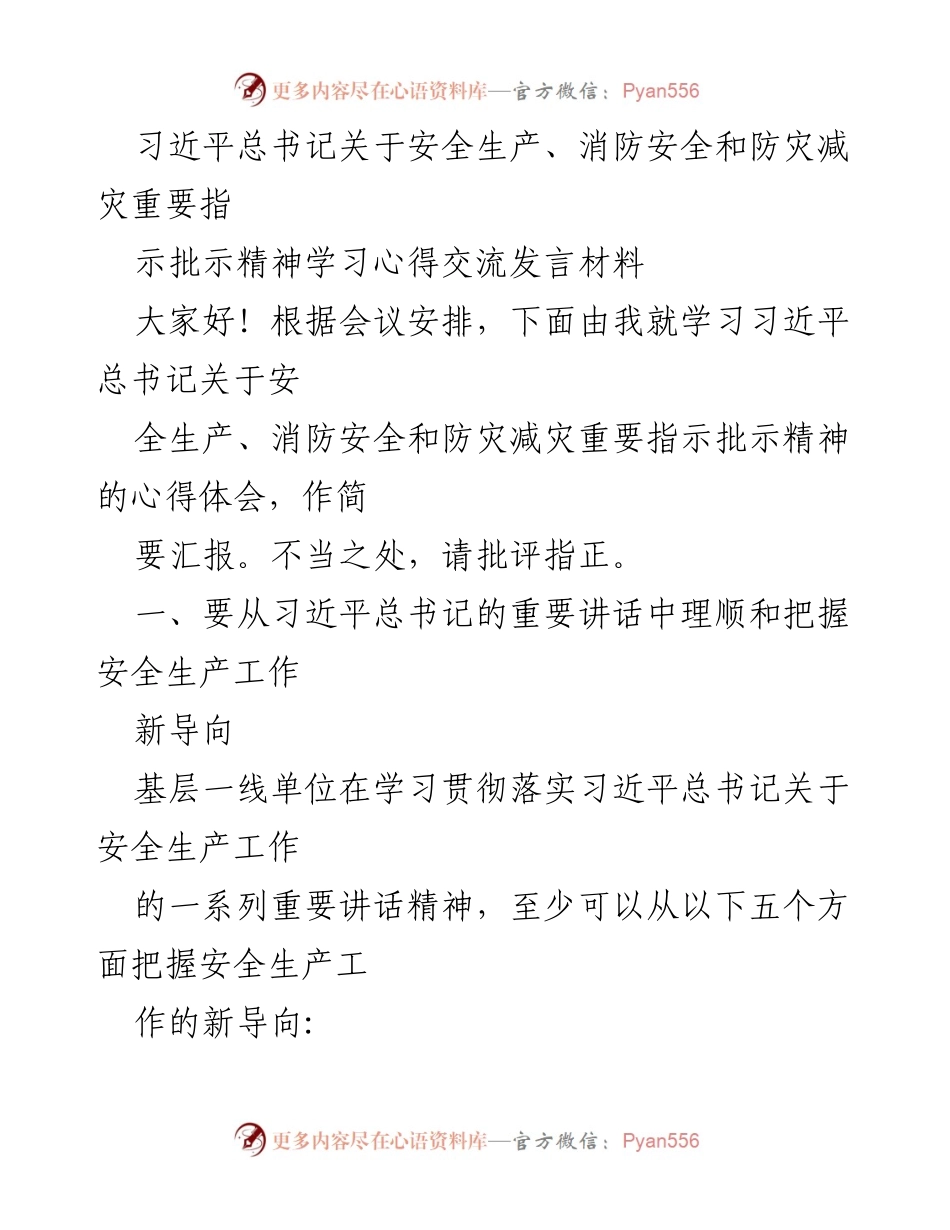 [发言] 学习交流会 - 学习习近平总书记关于安全生产的重要指示精神心得分享.docx_第1页