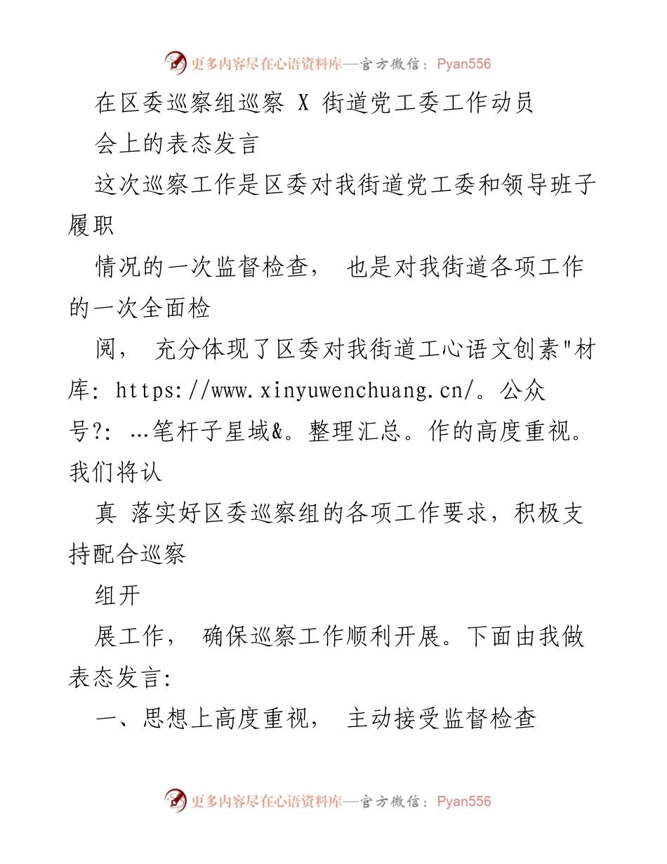 [发言] 巡察工作动员会 - 积极配合区委巡察，确保工作实效.docx_第1页