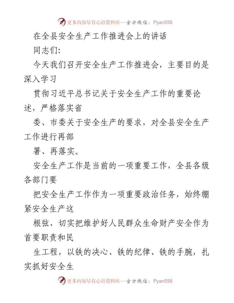 [发言] 安全生产工作推进会 - 加强安全生产责任，确保人民生命财产安全.docx_第1页