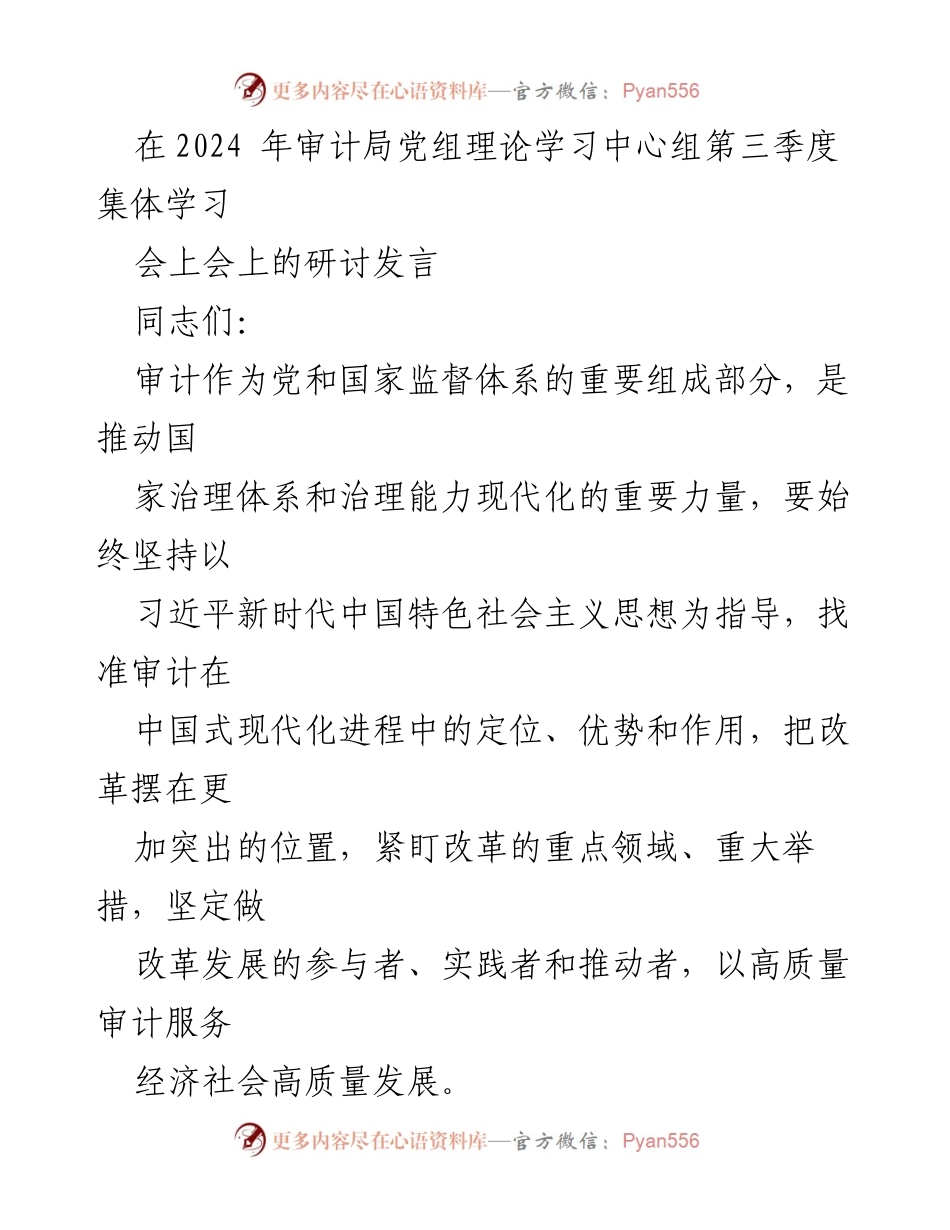 [发言] 审计局党组理论学习中心组集体学习会 - 审计在中国式现代化进程中的定位与作用.docx_第1页