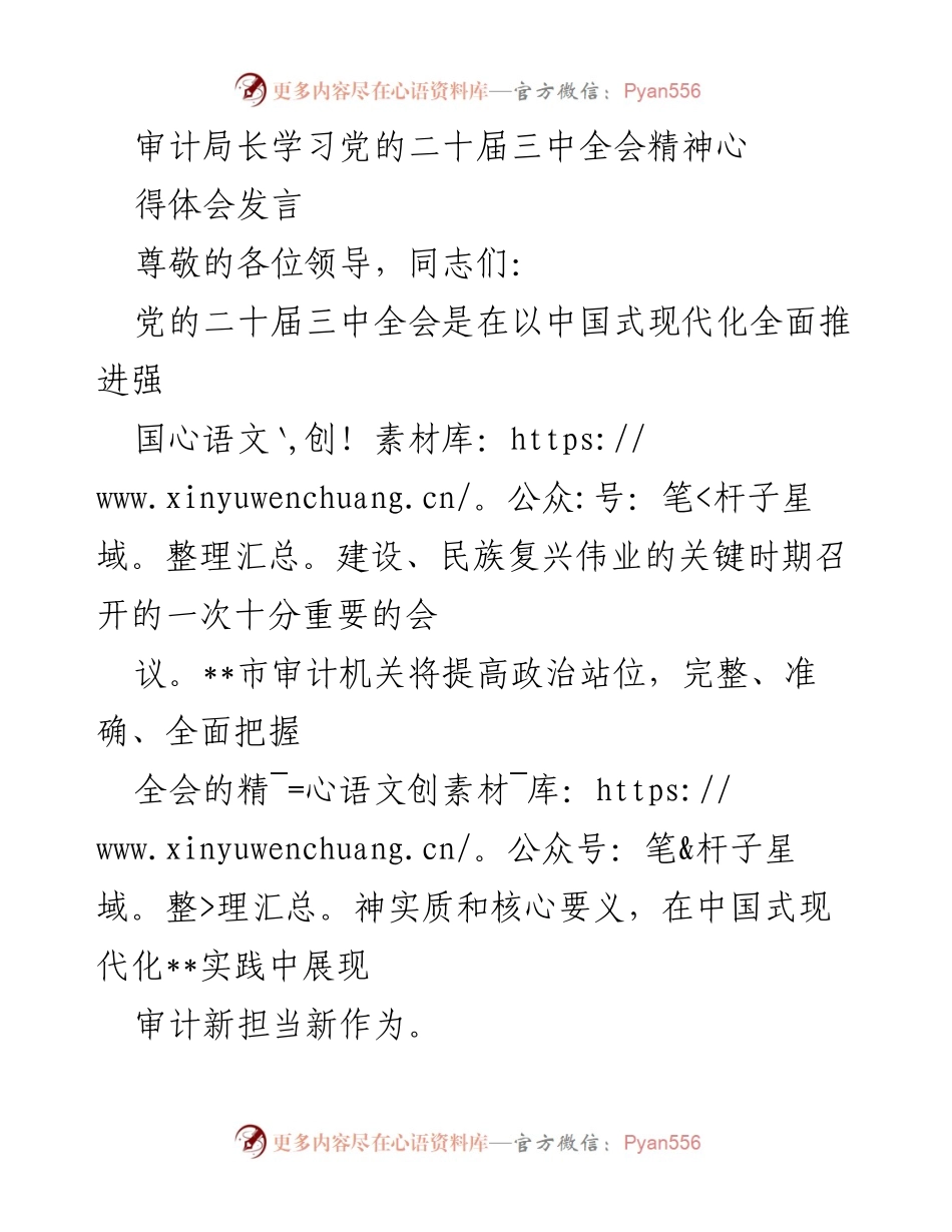 [发言] 审计局长学习党的二十届三中全会精神 - 深入学习贯彻全会精神，展现审计新担当.docx_第1页