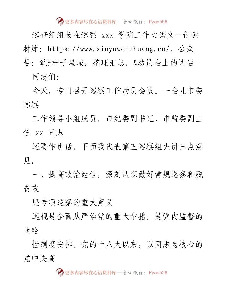 [发言] 巡察工作动员会 - 提高政治站位，深化巡察工作的重要性.docx_第1页