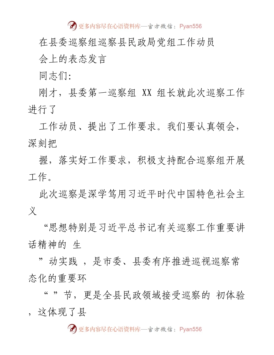 [发言] 巡察工作动员会 - 加强政治站位，积极支持巡察工作.docx_第1页