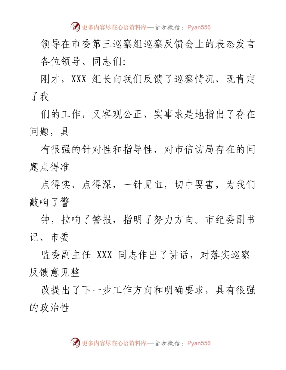 [发言] 巡察反馈会 - 市信访局领导表态发言：坚决落实巡察整改工作.docx_第1页