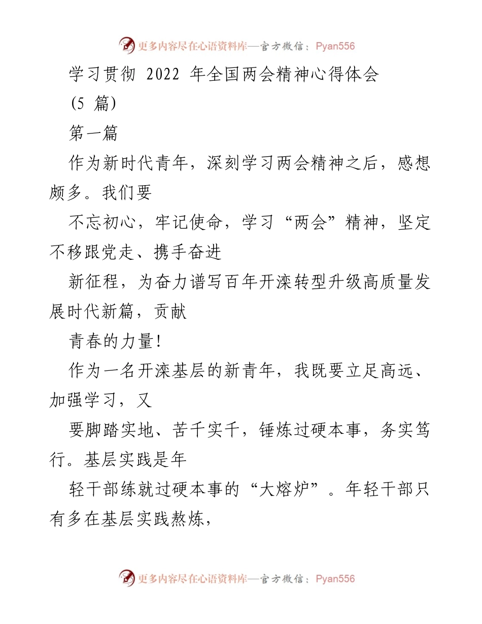 [发言] 学习贯彻全国两会精神 - 青年干部在新时代的使命与担当.docx_第1页