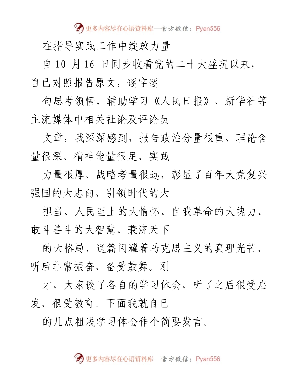 [发言] 学习交流会 - 在指导实践工作中绽放力量：学习党的二十大报告的体会与思考.docx_第1页