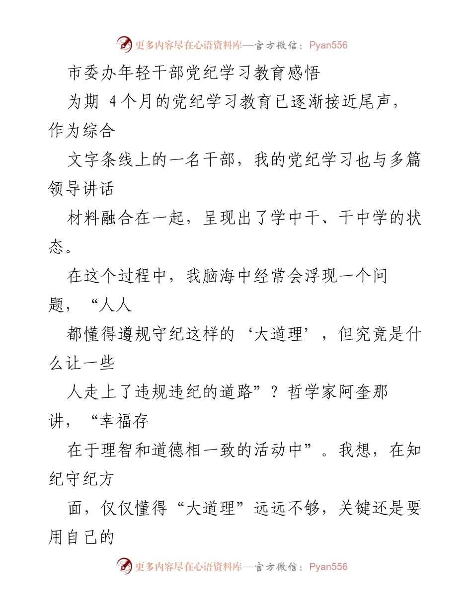 [发言] 学习教育总结 - 年轻干部的党纪学习与心态调适探索.docx_第1页