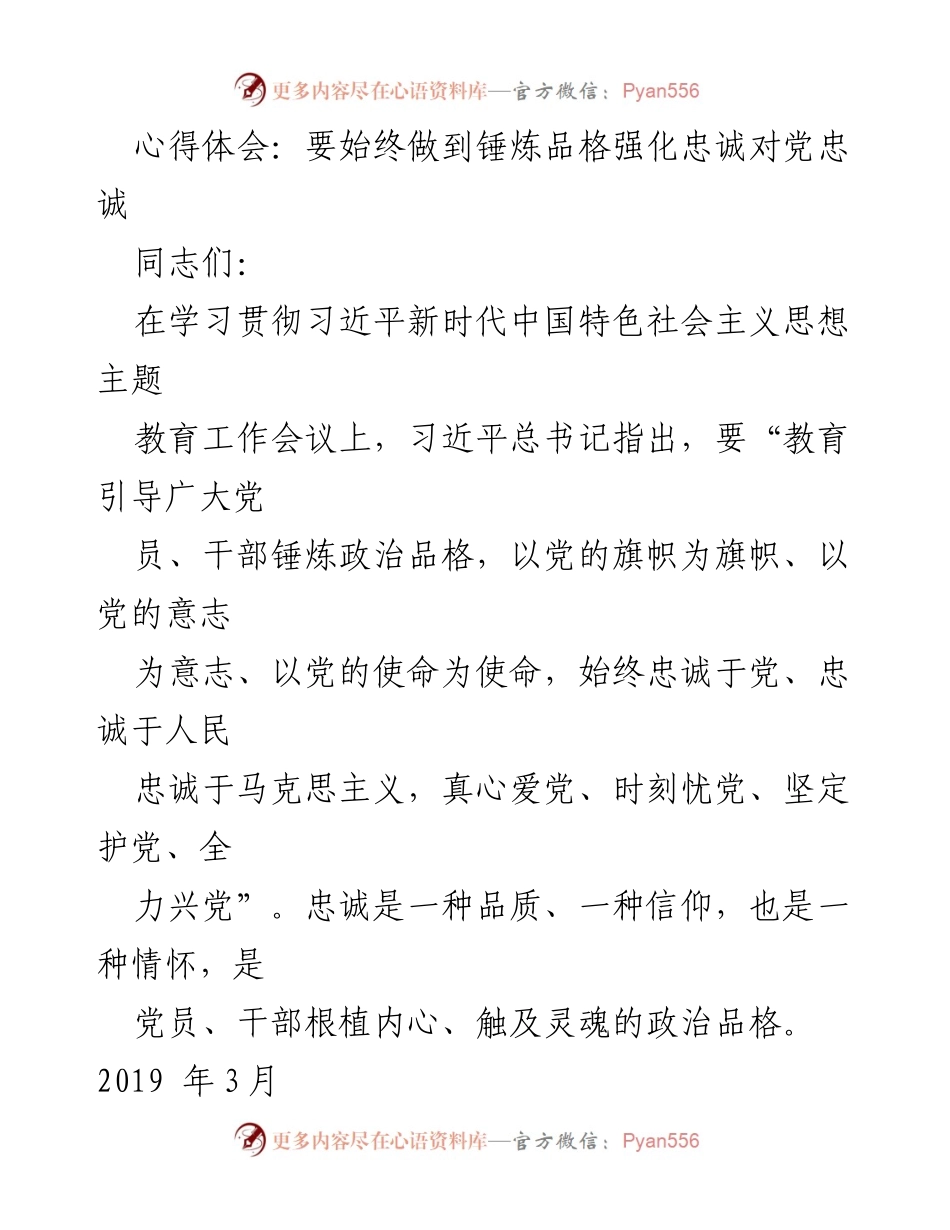 [发言] 学习贯彻习近平新时代中国特色社会主义思想主题教育工作会议 - 坚定忠诚于党的信念与品格.docx_第1页