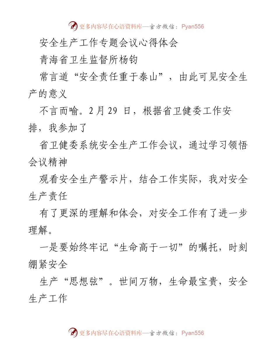 [发言] 安全生产工作专题会议 - 深化安全生产责任意识，筑牢安全防线.docx_第1页