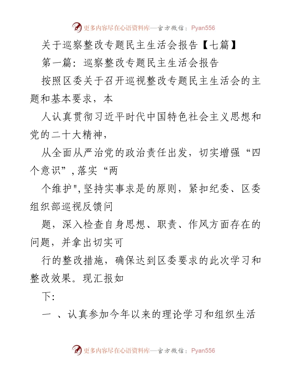 [发言] 巡察整改专题民主生活会 - 巡察整改专题民主生活会的自我检查与整改措施报告.docx_第1页