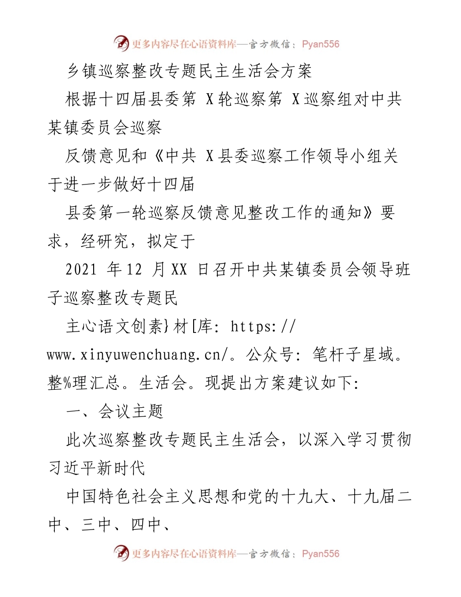 [发言] 巡察整改专题民主生活会 - 巡察整改专题民主生活会方案.docx_第1页