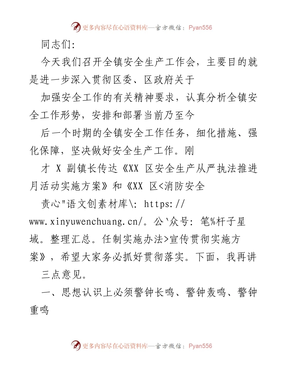 [发言] 安全生产工作会议 - 全镇安全生产工作会发言要点.docx_第1页