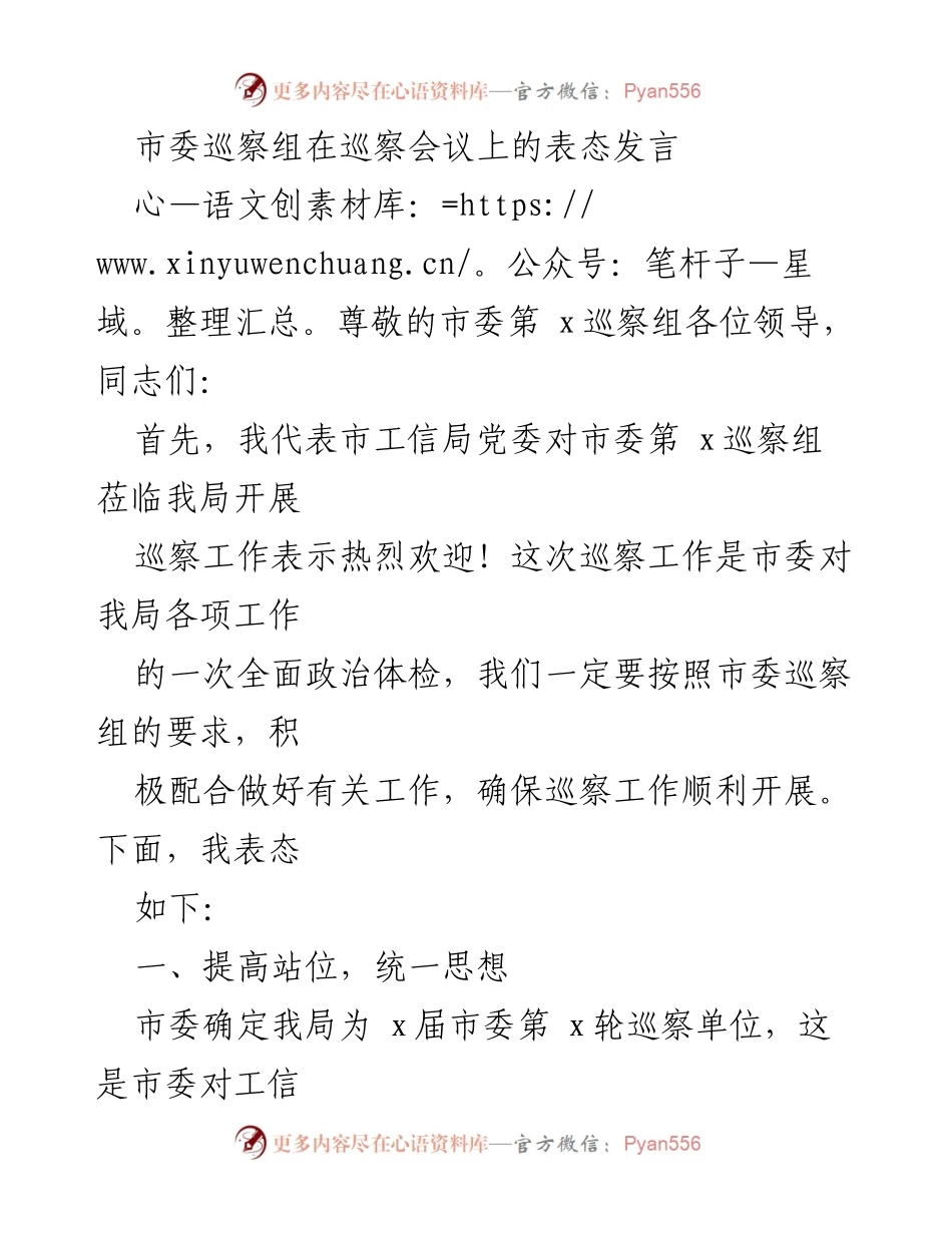 [发言] 巡察会议 - 市工信局对市委巡察组的表态发言.docx_第1页