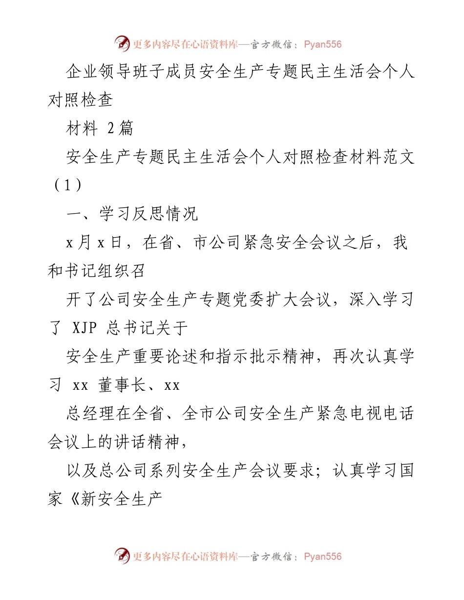 [发言] 安全生产专题民主生活会 - 企业领导班子成员安全生产对照检查总结.docx_第1页