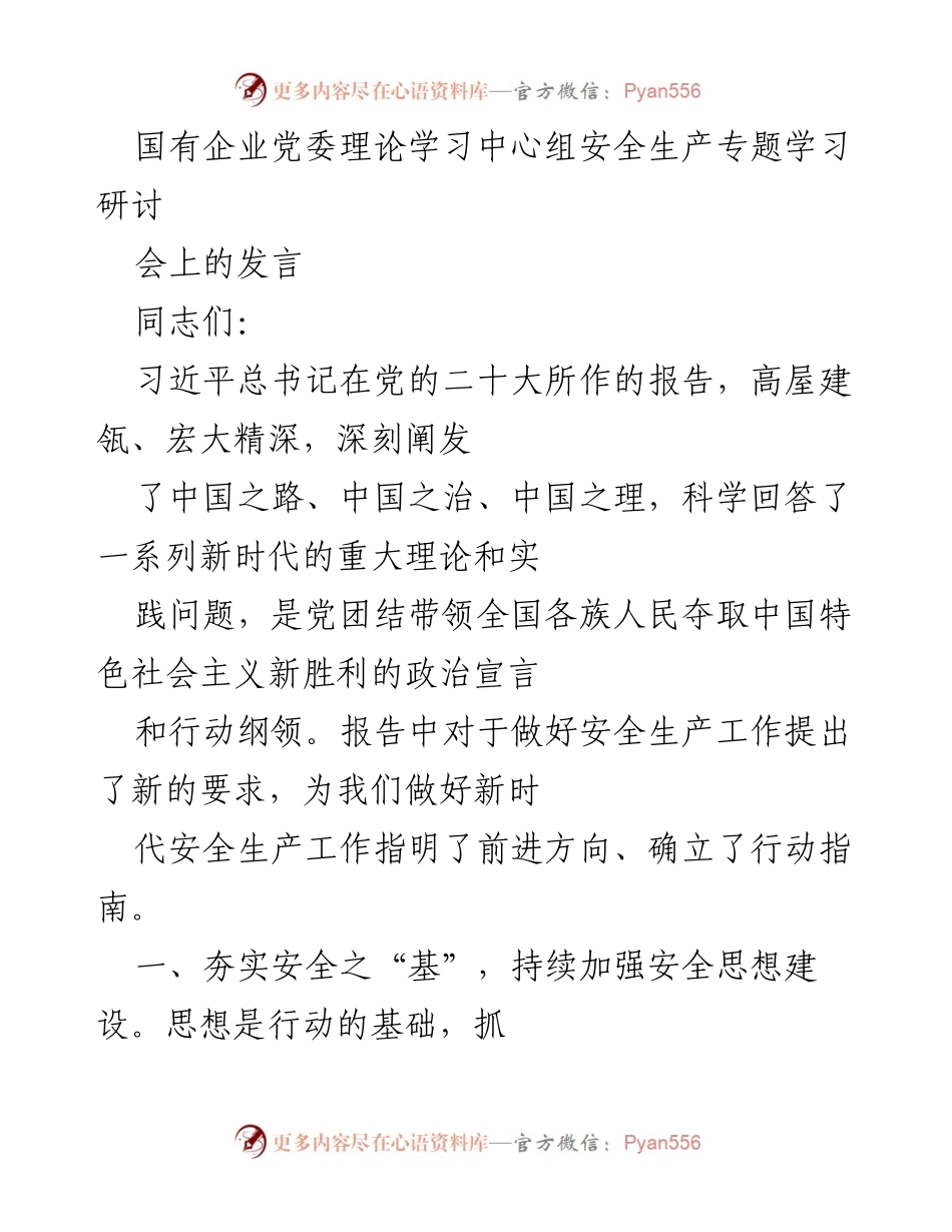 [发言] 安全生产专题学习研讨会 - 深化安全生产思想，落实党的二十大精神.docx_第1页
