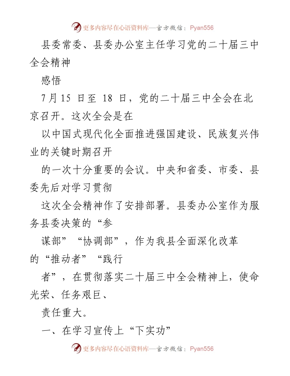 [发言] 学习贯彻会议精神 - 深入学习贯彻党的二十届三中全会精神的实践与思考.docx_第1页