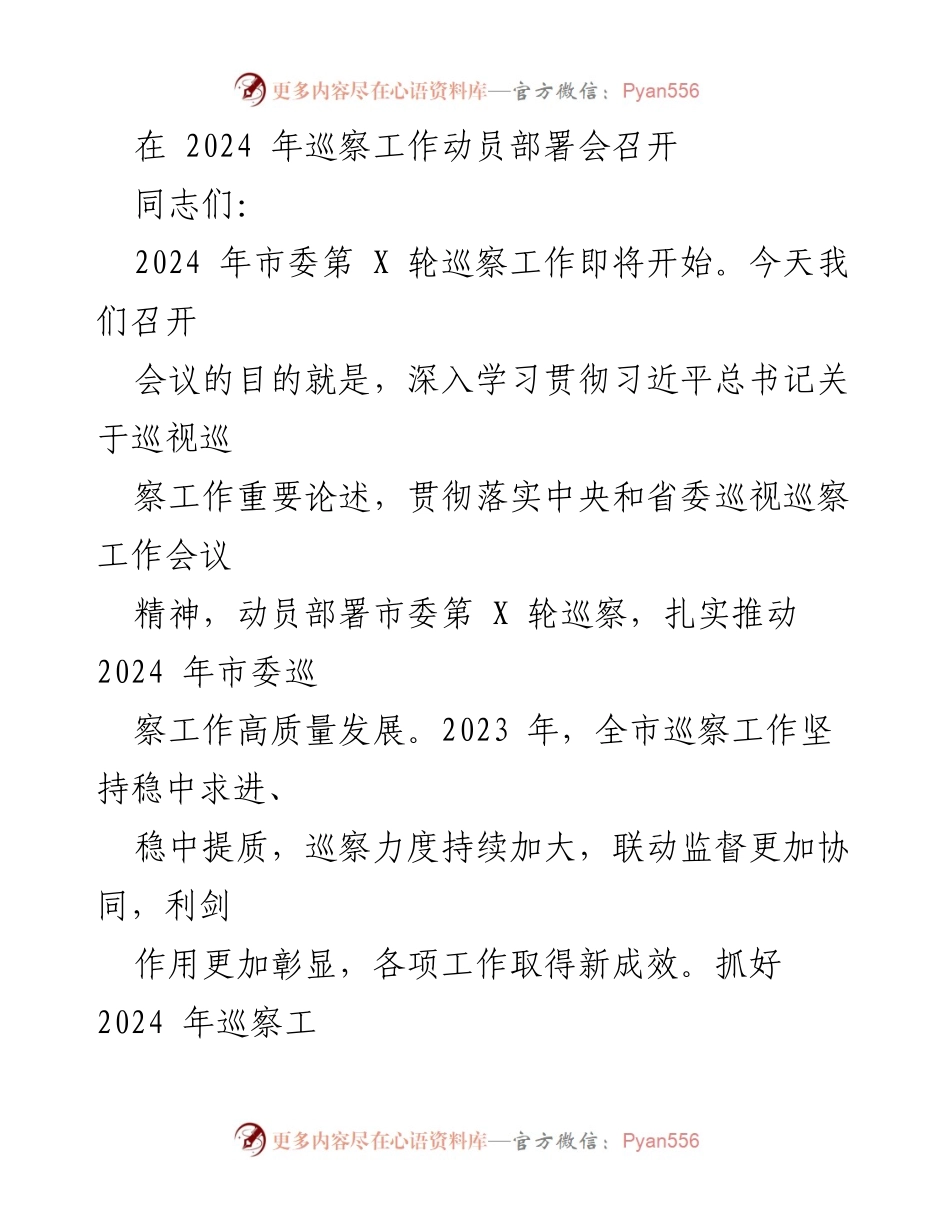 [发言] 巡察工作动员部署会 - 2024年市委巡察工作动员部署及实施要点.docx_第1页