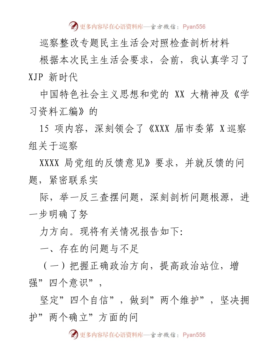[发言] 巡察整改专题民主生活会 - 巡察反馈问题的深刻剖析与整改方向.docx_第1页