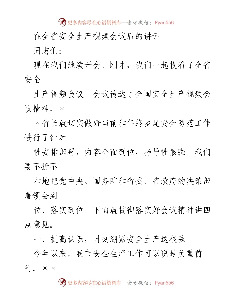 [发言] 安全生产视频会议 - 强化安全生产责任，确保事故隐患排查整治.docx_第1页