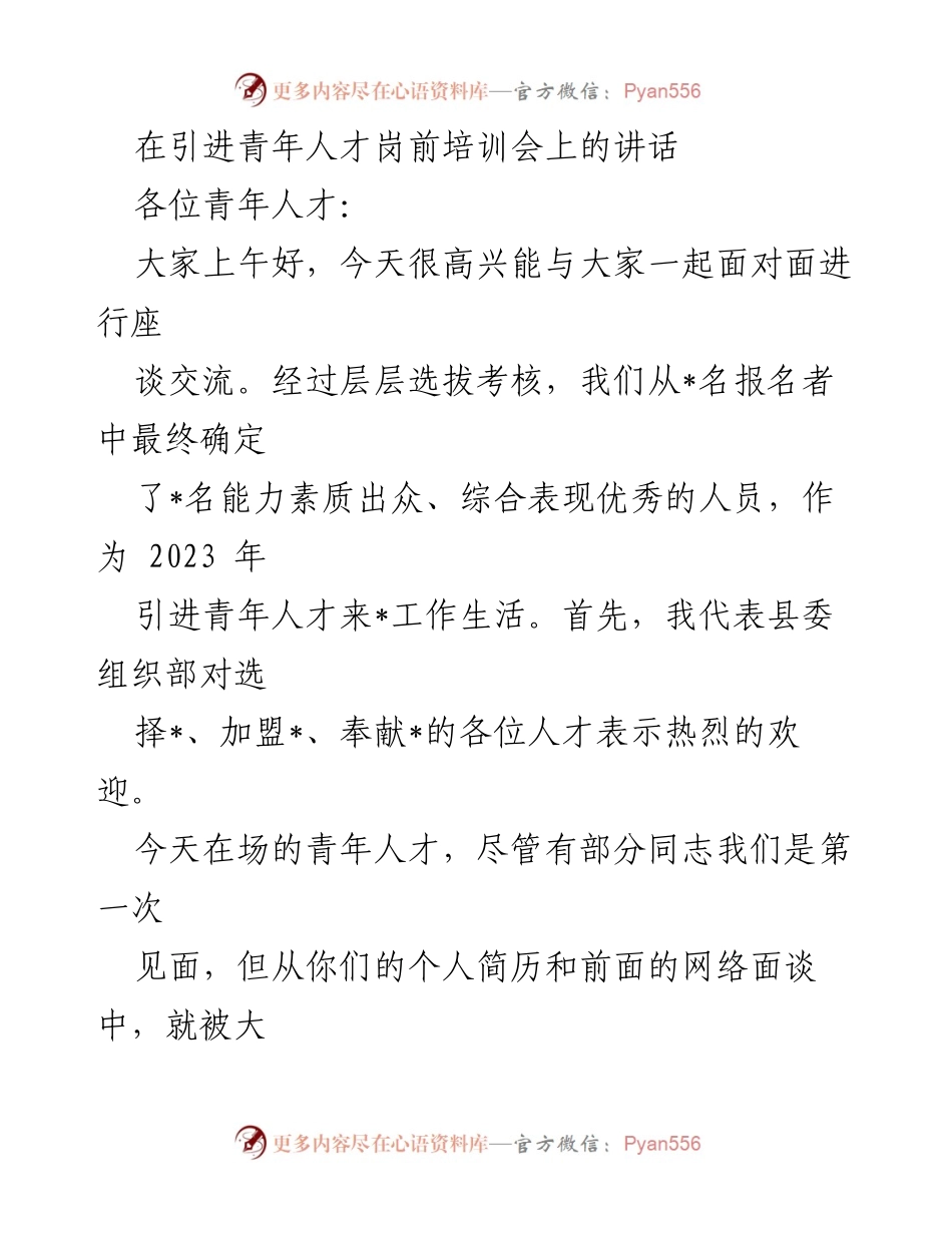 [发言] 岗前培训会 - 欢迎青年人才，共同建设美丽_县.docx_第1页