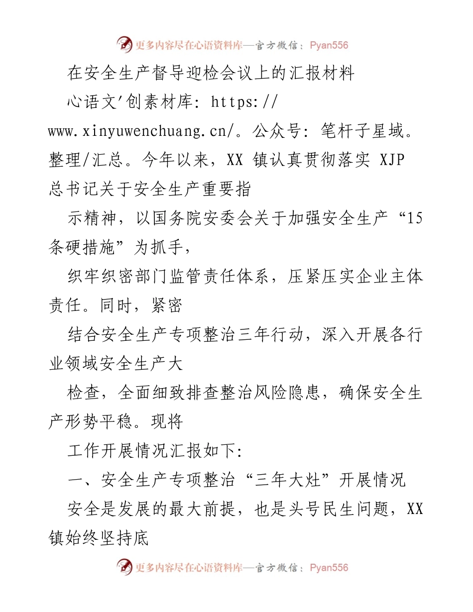 [发言] 安全生产督导迎检会议 - XX 镇安全生产工作汇报材料.docx_第1页