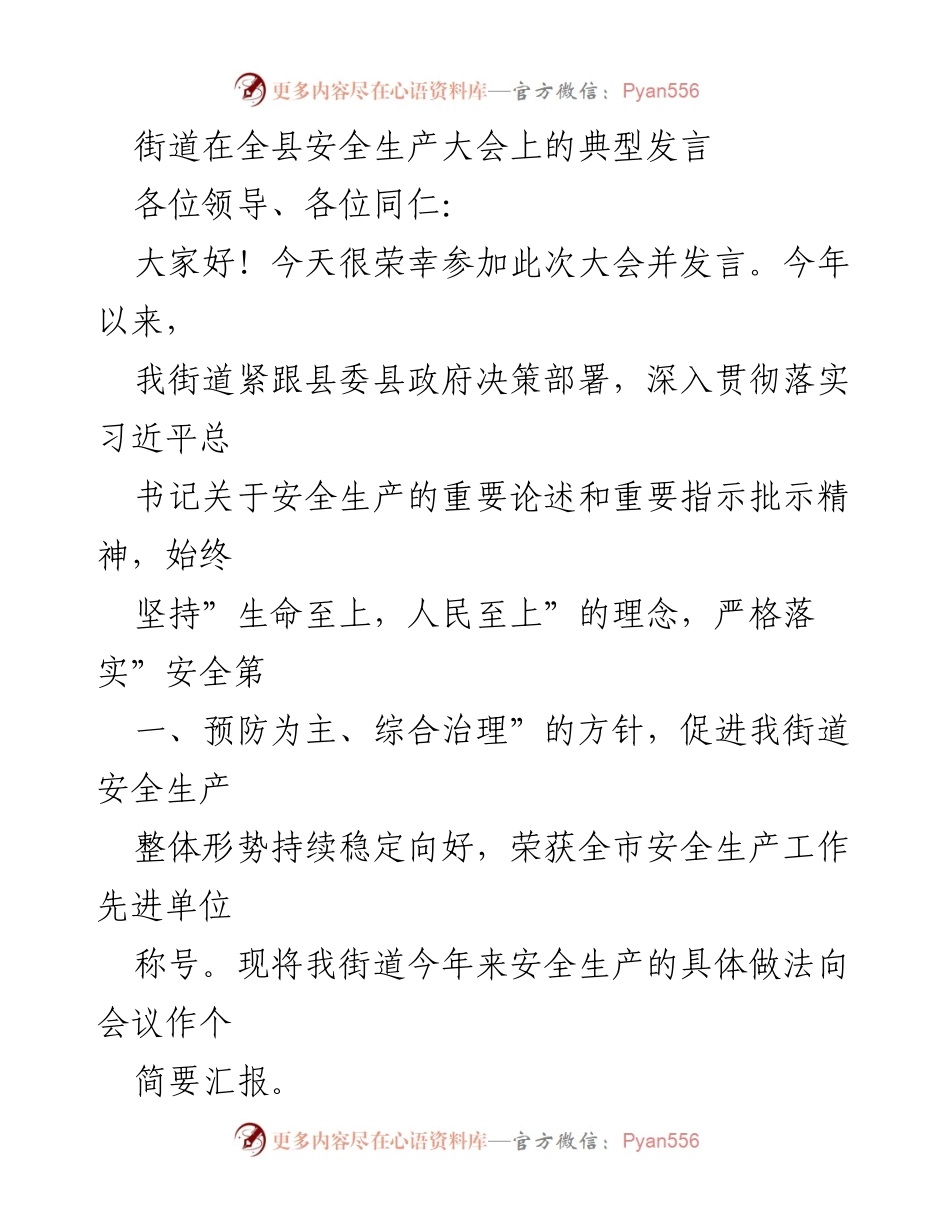 [发言] 安全生产大会 - 街道安全生产工作典型发言总结.docx_第1页