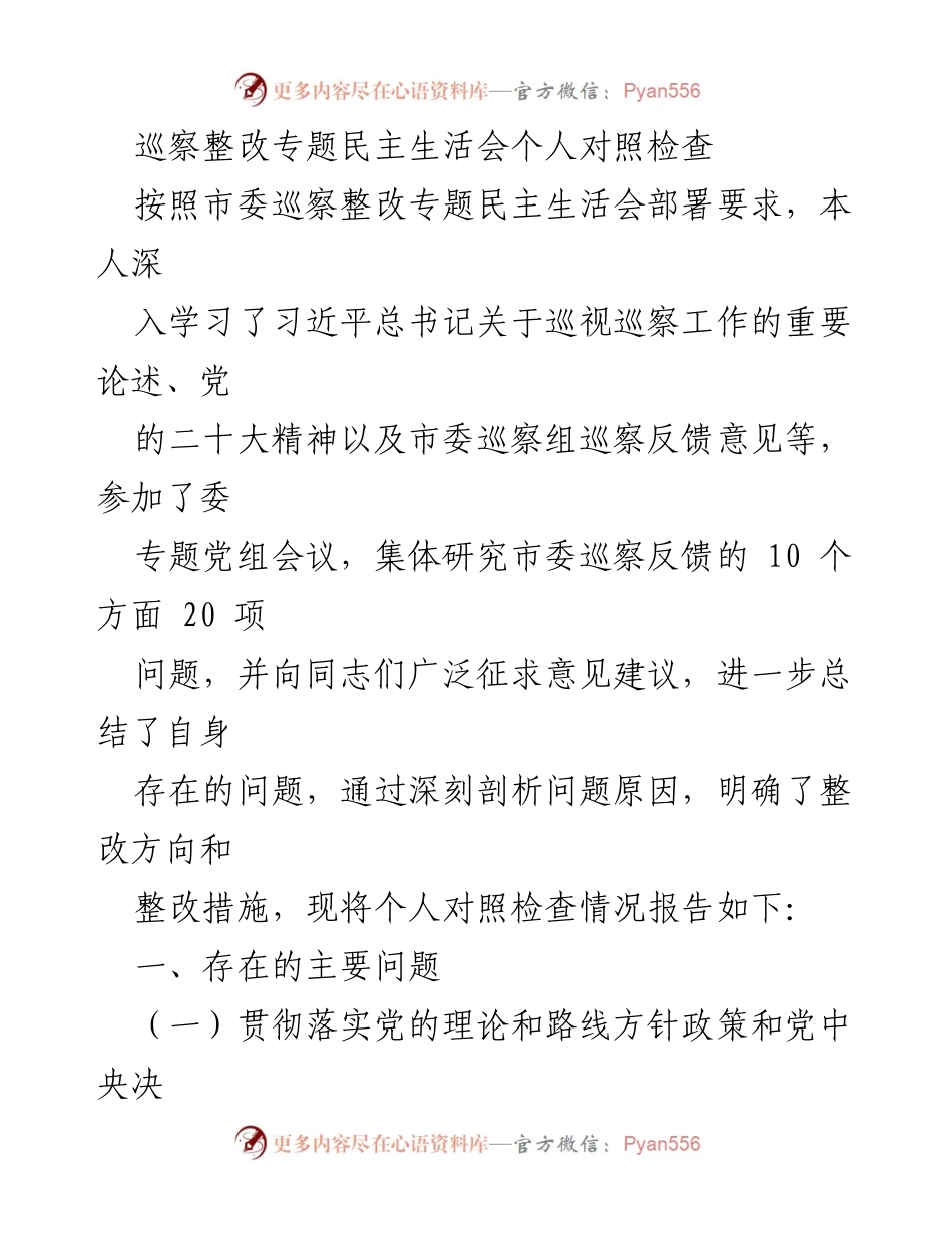 [发言] 巡察整改专题民主生活会 - 个人对照检查报告.docx_第1页