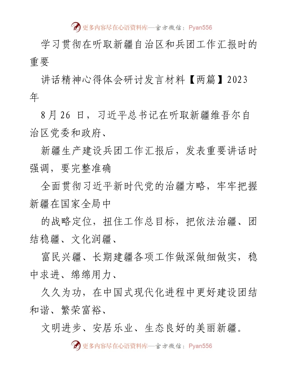 [发言] 学习贯彻习近平总书记重要讲话精神研讨会 - 深入学习贯彻习近平总书记重要讲话精神，推动新疆发展新进展.docx_第1页