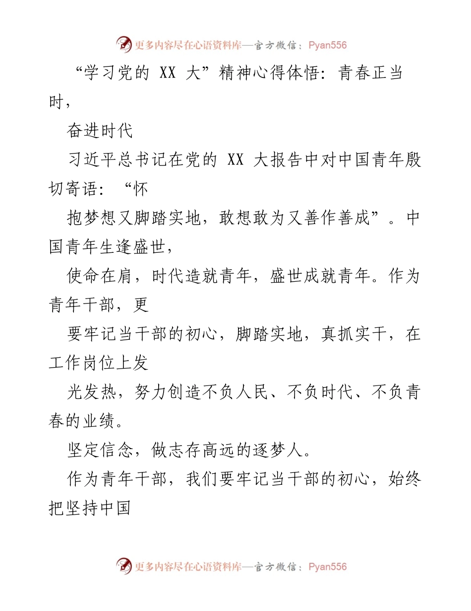 [发言] 学习党的 XX 大精神心得体悟 - 青年干部的责任与担当.docx_第1页