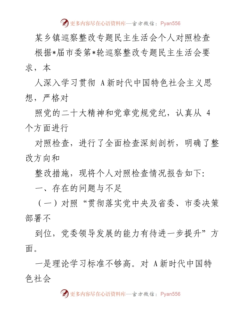 [发言] 巡察整改专题民主生活会 - 个人对照检查与整改措施汇报_1.docx_第1页