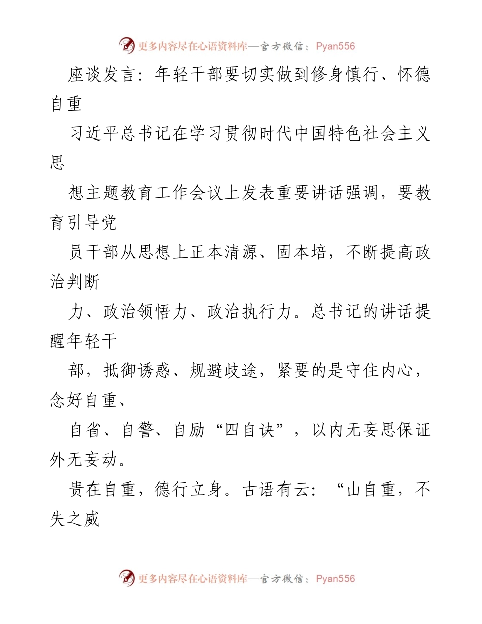 [发言] 学习贯彻主题教育工作会议 - 年轻干部应守住内心，增强自重自省自警自励.docx_第1页