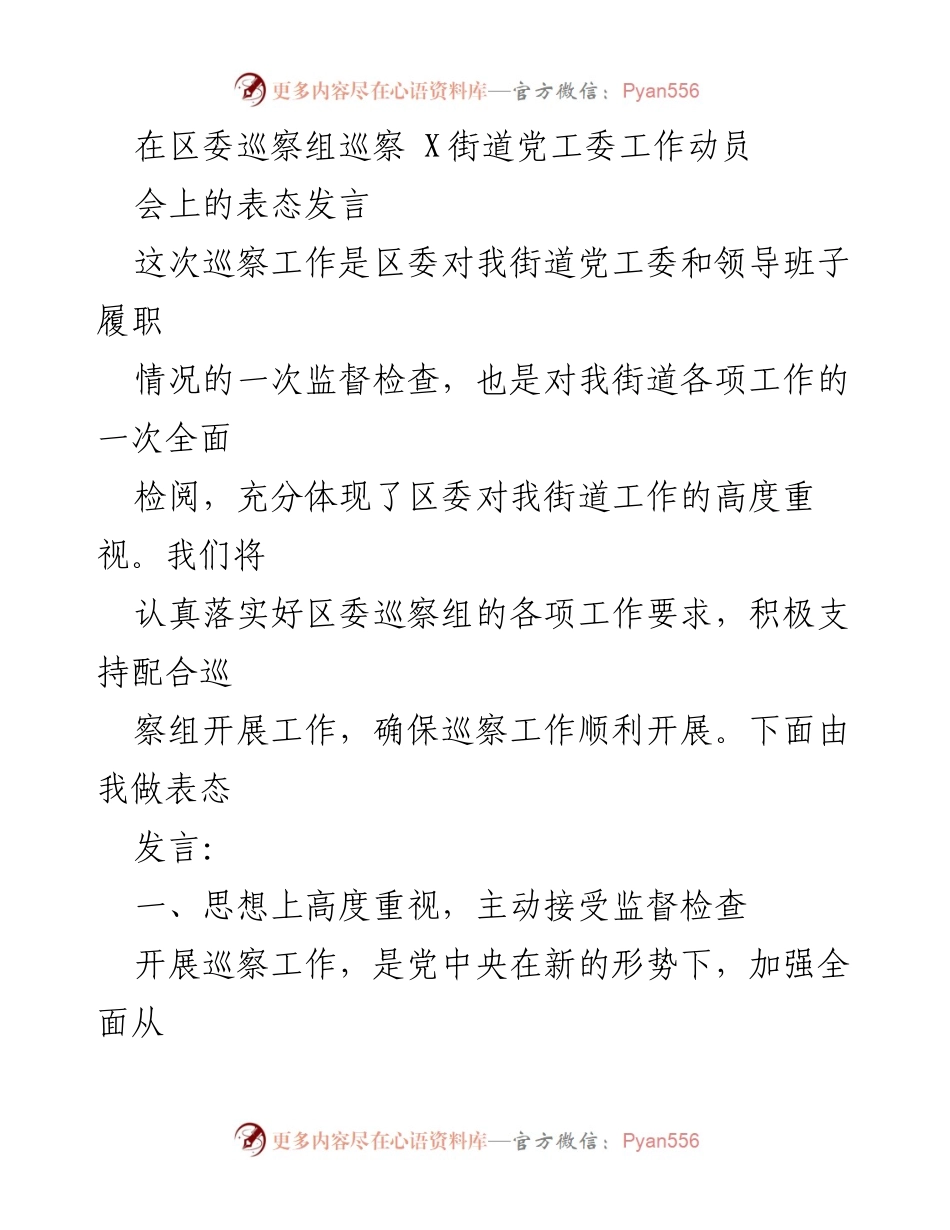 [发言] 巡察工作动员会 - 高度重视巡察工作，积极落实整改措施.docx_第1页