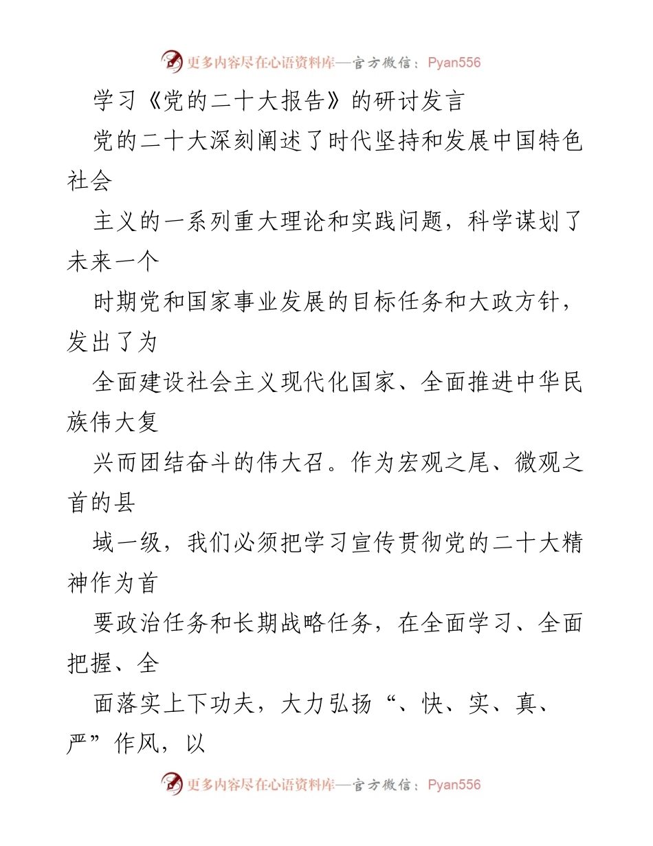 [发言] 学习研讨 - 深入学习贯彻党的二十大精神，推动县域发展新篇章.docx_第1页