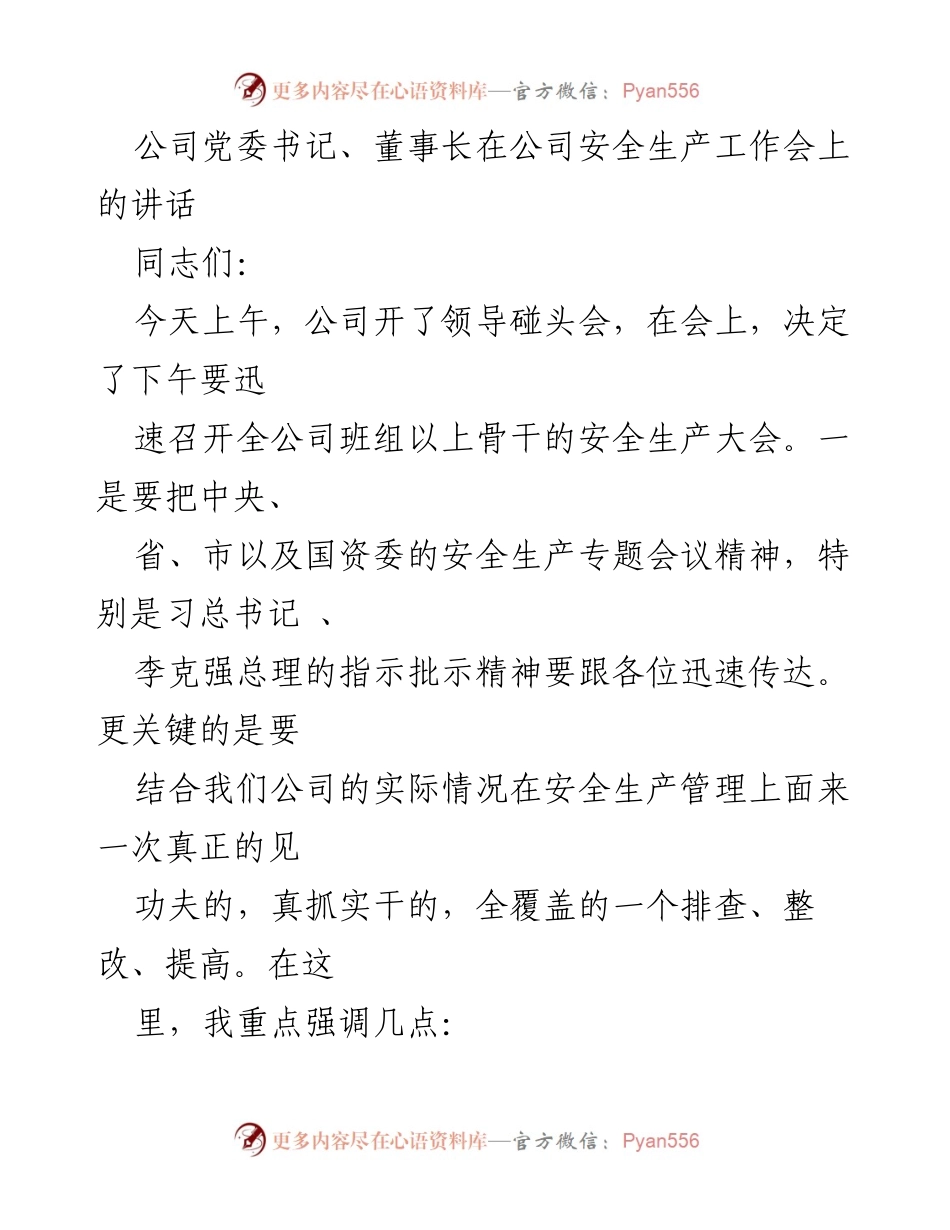 [发言] 安全生产工作会 - 强调安全生产意识与责任的重要性.docx_第1页