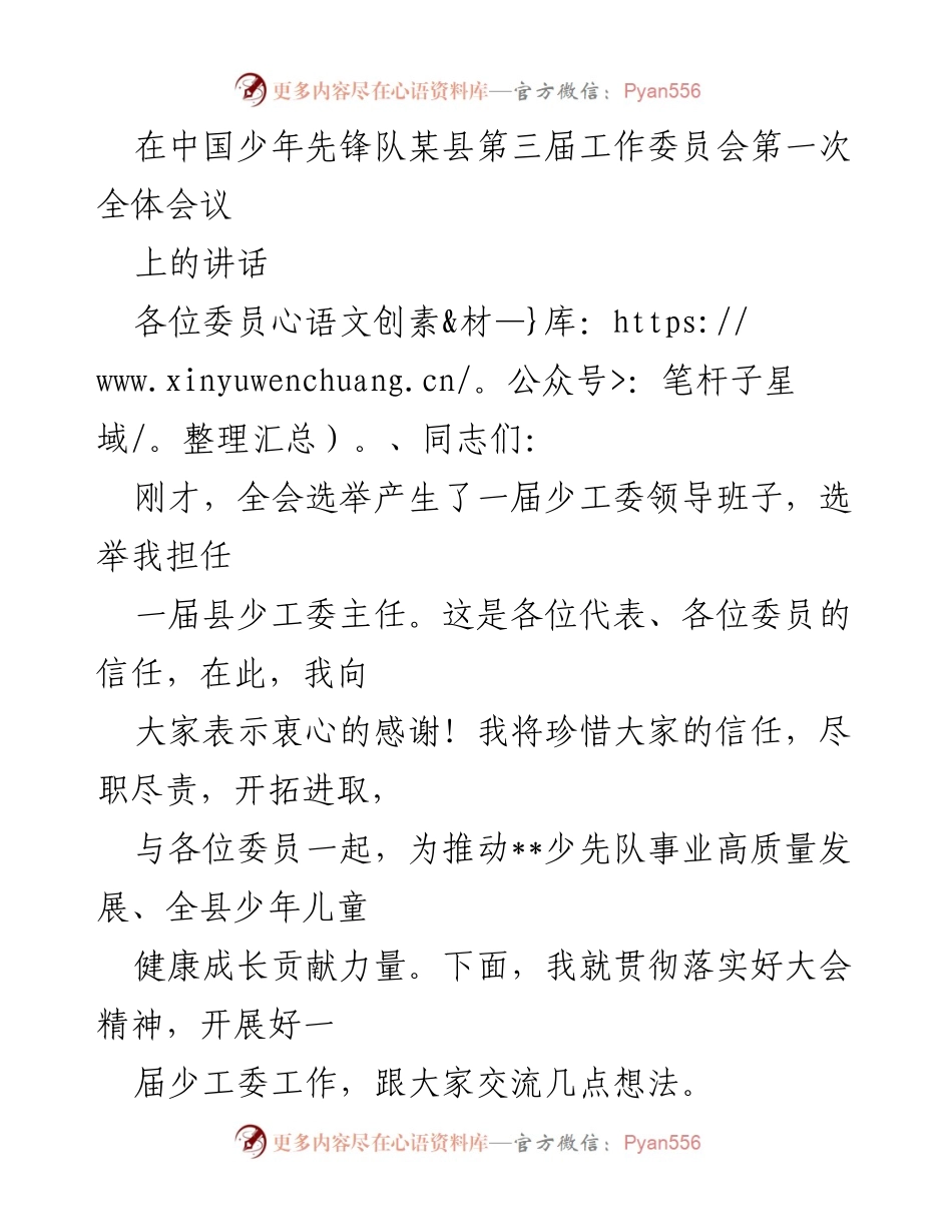 [发言] 少年先锋队工作委员会全体会议 - 推动少先队事业高质量发展的思考与展望.docx_第1页