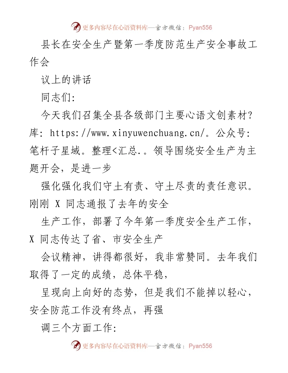 [发言] 安全生产暨第一季度防范生产安全事故工作会议 - 强化安全生产责任意识，确保无事故发生.docx_第1页
