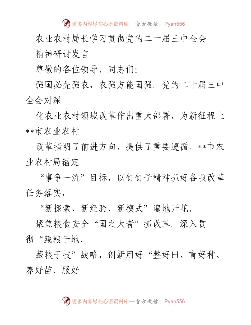 [发言] 学习贯彻党的二十届三中全会精神研讨会 - 深化农业农村改革，推动粮食安全与乡村产业高质量发展.docx_第1页