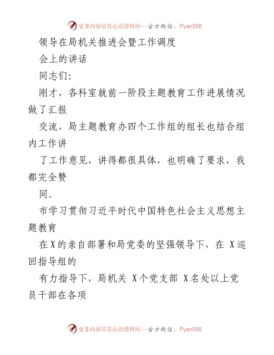 [发言] 局机关推进会 - 主题教育工作进展及问题调度讲话.docx_第1页