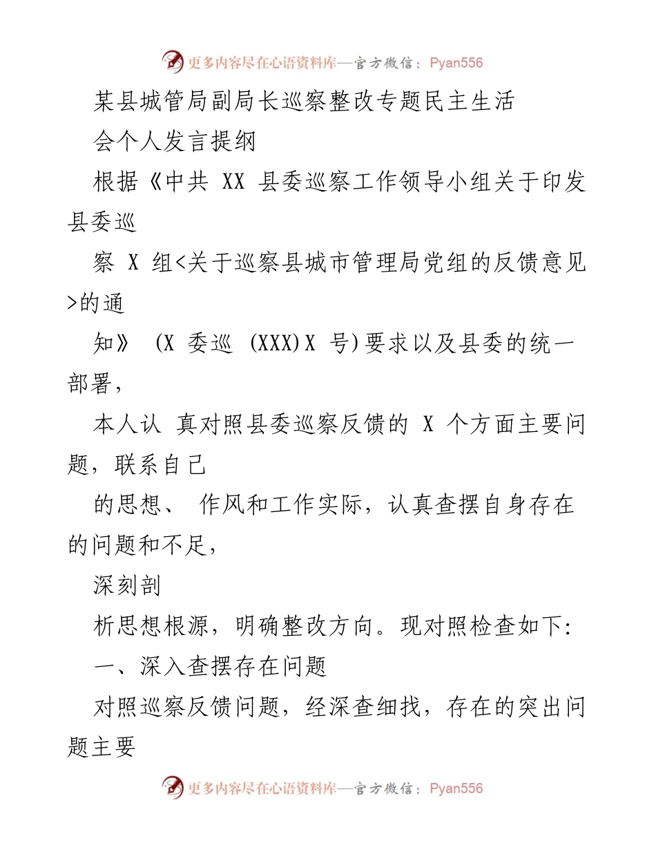 [发言] 巡察整改专题民主生活会 - 城管局副局长巡察整改个人发言提纲.docx_第1页